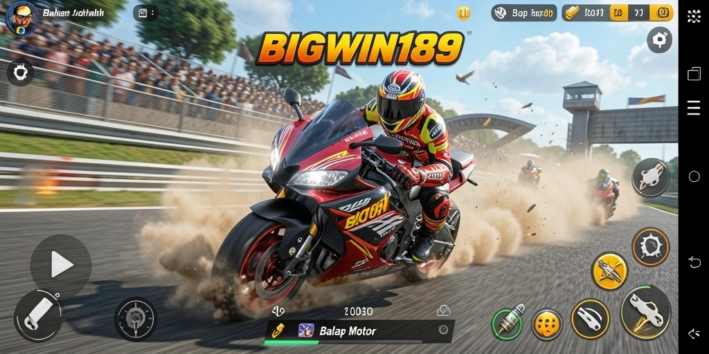 Tampilan antarmuka <strong>BIGWIN189</strong> saat balapan motor yang mendebarkan.