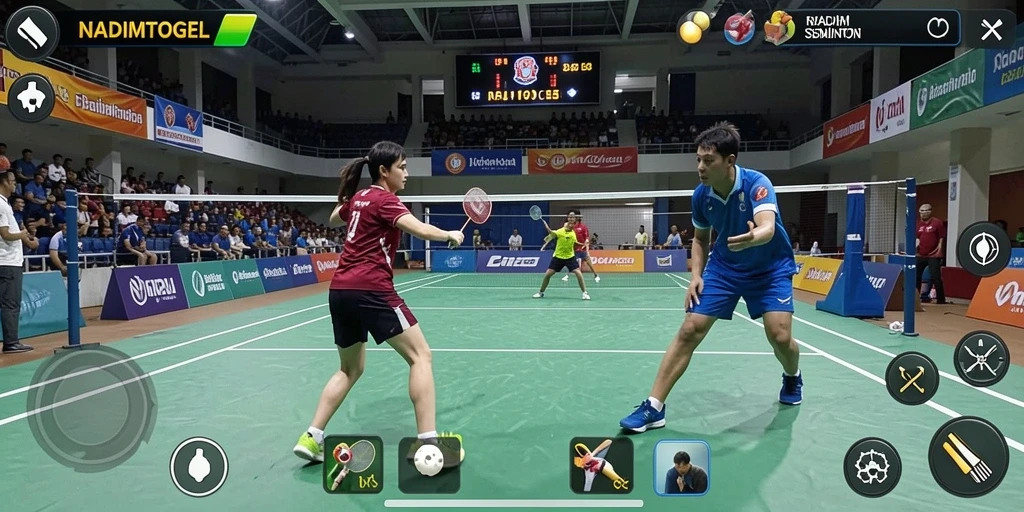 Antarmuka NADIMTOGEL menampilkan gameplay badminton yang menarik.